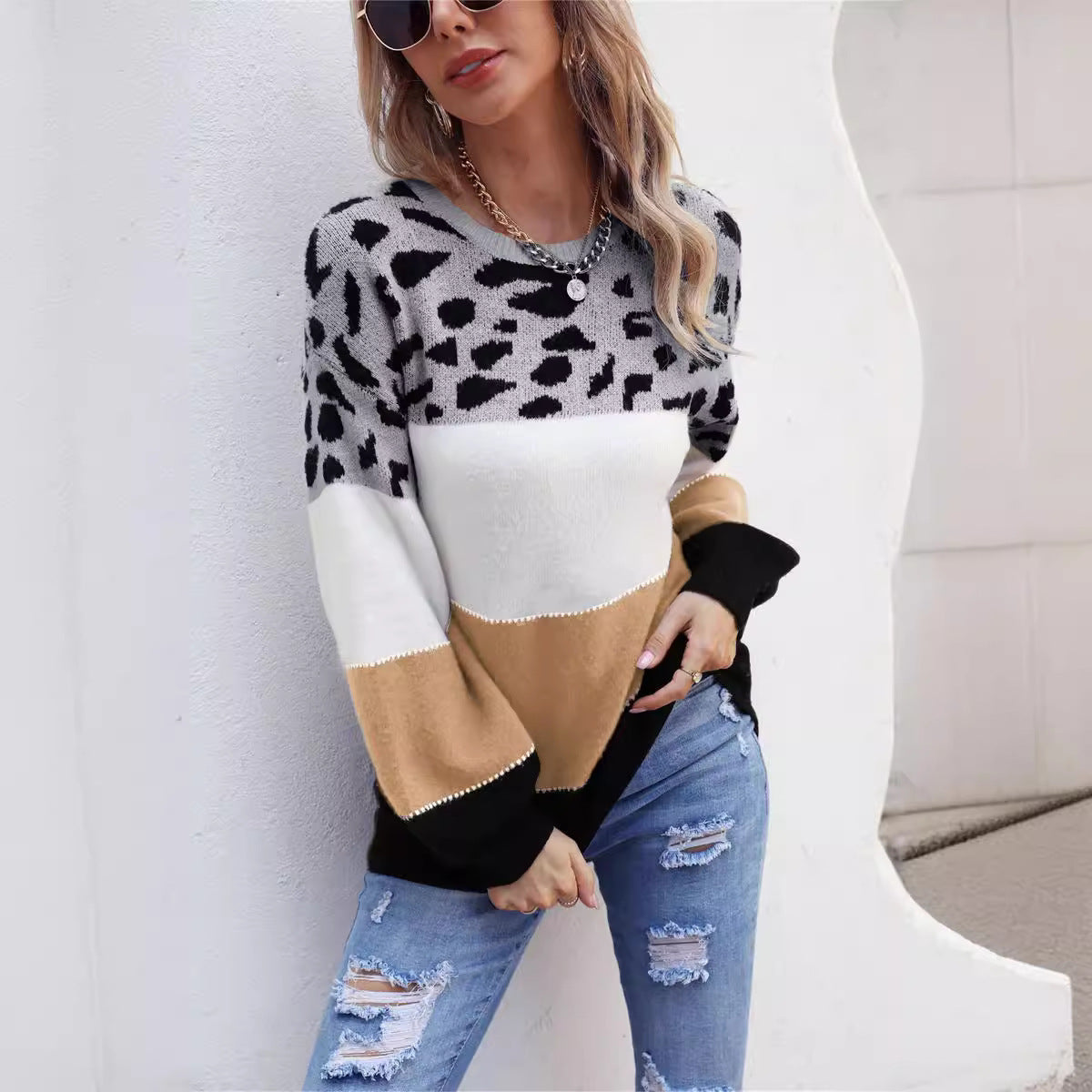 European And American Stitching Leopard Print Plus Size Crew Neck Pullover Sweater