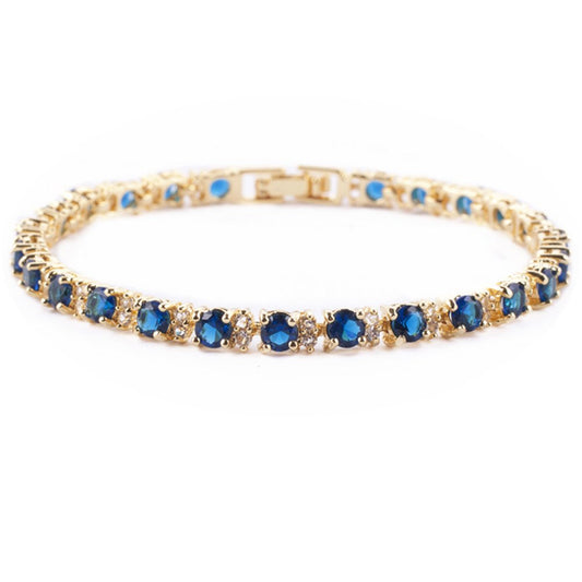 RIVA Ewigkeit Tennis Armband [18cm/7inch] mit Rundschliff Edelstein Zirkonia CZ [Blau Saphir] in 18K Gelbgold Vergoldet, Einfache Moderne Eleganz