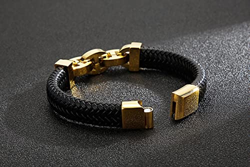 AMDXD Geschenke Für Männer Herren Armband, Leder Armbänder Jungen Gewebt Kette Herren Armbänder Gravur Gold Handhandgelenk Kette Edelstahl mit Magnet Verschluss, Länge 21.5cm