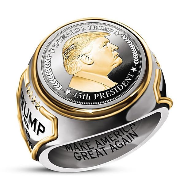 RIVYOS Personalized Trump Ring Bicolor Hip-hop Trump Jewelry for Men Electroplated Metal Sizes 6-12 (13)