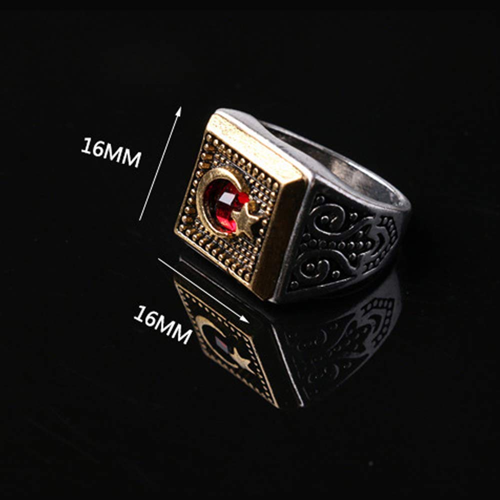 Smalllove Islamic Ring for Men,Crescent Moon & Star,Antique Silver Gold Color Matching,Arabic Muslim Muhammed Rings (10)