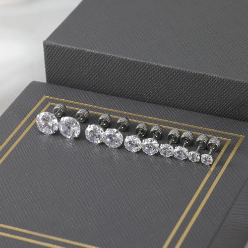 5 pairs Push-in Flat Back Stud Earrings Hypoallergenic Surgical Stainless Steel Cubic Zirconia Earrings Studs Set Multi-Pack, CZ Stud Earrings for Women Men Trendy Cartilage Earrings 4-8mm(B-Silver)