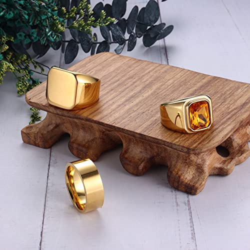 Dochais Mens Rings Set: 3pcs Stainless Steel Biker Rings, Signet Ring, Agate Ring - Size 7-13, Gold, Vintage