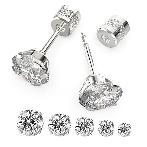 5 pairs Push-in Flat Back Stud Earrings Hypoallergenic Surgical Stainless Steel Cubic Zirconia Earrings Studs Set Multi-Pack, CZ Stud Earrings for Women Men Trendy Cartilage Earrings 4-8mm(B-Silver)