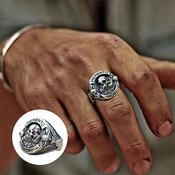 Goohopsun Memento Mori Skull Men's Biker Ring, Antique Stainless Steel Skull Biker Ring, Skull Rings for Men and Women