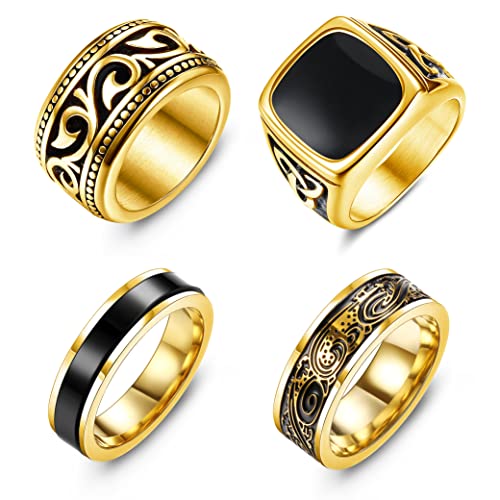 Jstyle 4Pcs Stainless Steel Vintage Signet Rings for Men Biker Rings Set Pinky Thumb Celtic Band Ring Spinner Ring Silver Gold Polished Edge Mens Rings for Men Jewelry Gift Gold Ring Size 9