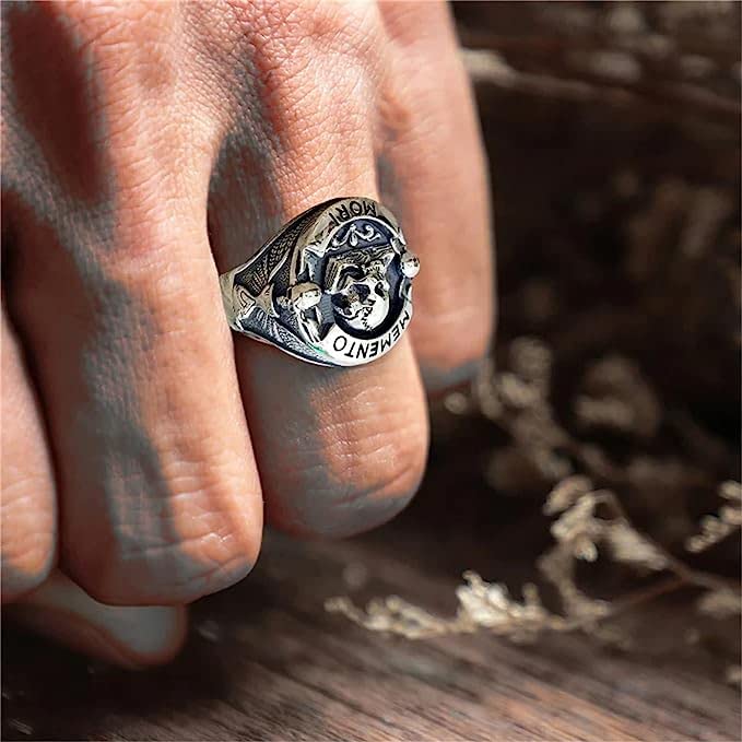 Goohopsun Memento Mori Skull Men's Biker Ring, Antique Stainless Steel Skull Biker Ring, Skull Rings for Men and Women