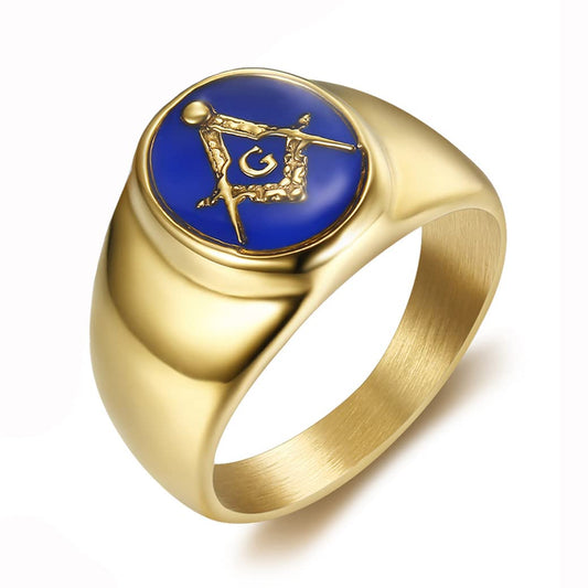 INRENG Stainless Steel Gold Plated Freemason Masonic Rings for Men Women Blue G Lodge Master Mason Signet Band Gold Size 10