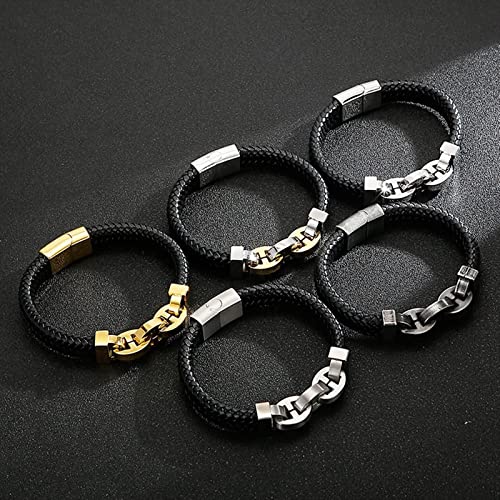 AMDXD Geschenke Für Männer Herren Armband, Leder Armbänder Jungen Gewebt Kette Herren Armbänder Gravur Gold Handhandgelenk Kette Edelstahl mit Magnet Verschluss, Länge 21.5cm