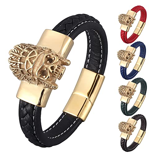 Armband für Herren Leder, Bracelet Men Chain Gold Seil Armband Herren Totenkopf Lederarmband Mit Magnetischer Schnalle für Männer Geschenke