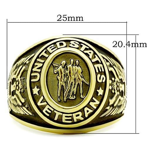 Mens US Army Navy Air force Marines Coast Guard Military Gold IP Stainless Steel Wide Band Veteran Ring - 10