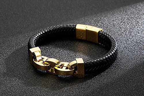 AMDXD Geschenke Für Männer Herren Armband, Leder Armbänder Jungen Gewebt Kette Herren Armbänder Gravur Gold Handhandgelenk Kette Edelstahl mit Magnet Verschluss, Länge 21.5cm