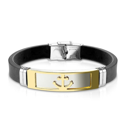 Bungsa Armband goldener Anker aus Silikon schwarz - mit silberner Edelstahlplatte & Klickverschluss - Herren-Armband für Männer