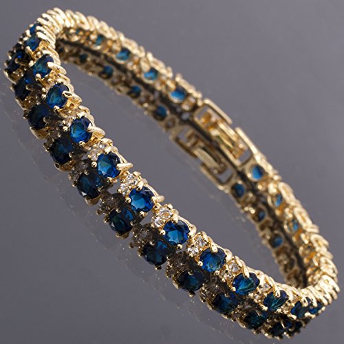 RIVA Ewigkeit Tennis Armband [18cm/7inch] mit Rundschliff Edelstein Zirkonia CZ [Blau Saphir] in 18K Gelbgold Vergoldet, Einfache Moderne Eleganz