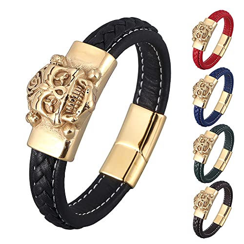 Men Leather Bracelet, Bracelet Men Chain Gold Seil Armbänder Herren Totenkopf Lederarmband Mit Magnetischer Schnalle Geschenke für Männer