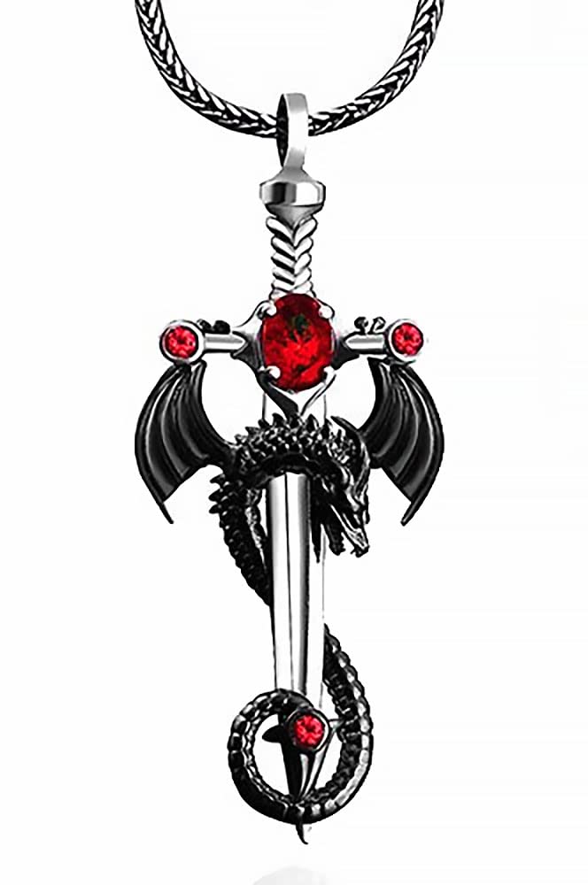 DGP Herren Halskette mit Anhänger Drache mit Schwert (rot), Sterling Silber, Silber