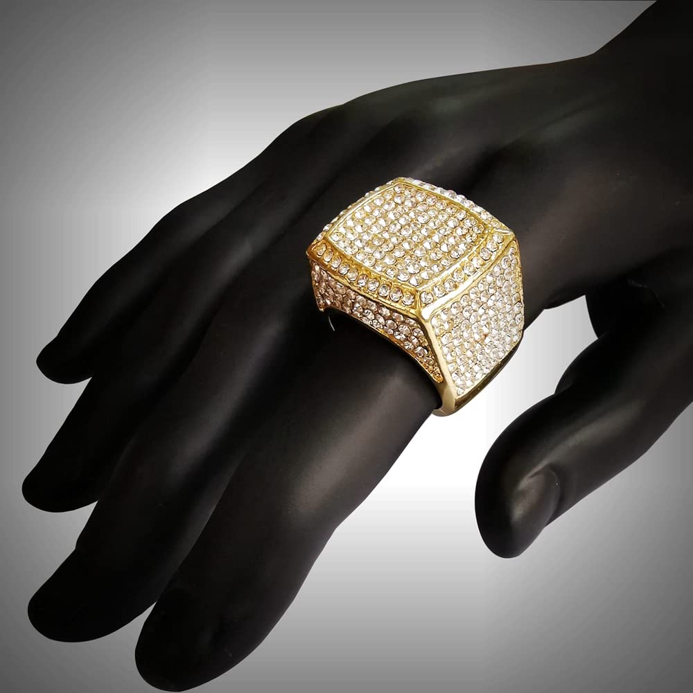 HH BLING EMPIRE Iced Out Silver Gold Rings for Men, Bling Hip Hop Diamond Men Rings, Big Square Men Rings Gold Size #9