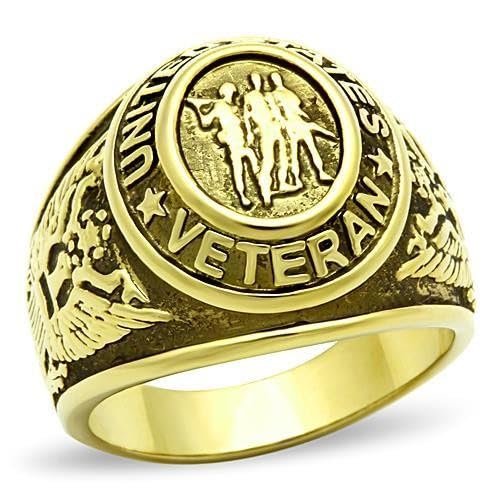 Mens US Army Navy Air force Marines Coast Guard Military Gold IP Stainless Steel Wide Band Veteran Ring - 10