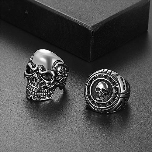 OIDEA 2Pcs Bikers Stainless Steel Gothic Skulls Ring,Black Silver, Size 8-15 (10)