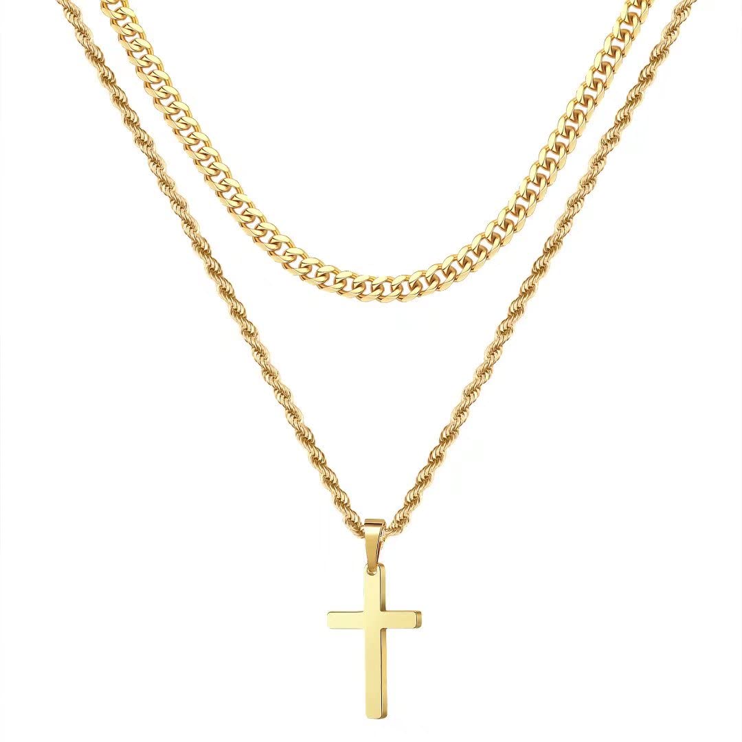 Ursteel 18K Gold Stainless Steel Men's Cross Necklace - Layered Rope Chain Cross Pendant, Gold Cross Chain, 18-20 Inch, Cross Jewelry Fathers Day Dad Gifts From Wife