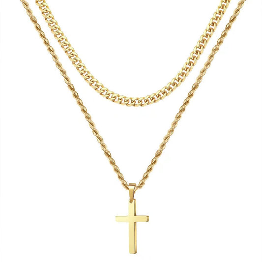 Ursteel 18K Gold Stainless Steel Men's Cross Necklace - Layered Rope Chain Cross Pendant, Gold Cross Chain, 18-20 Inch, Cross Jewelry Fathers Day Dad Gifts From Wife