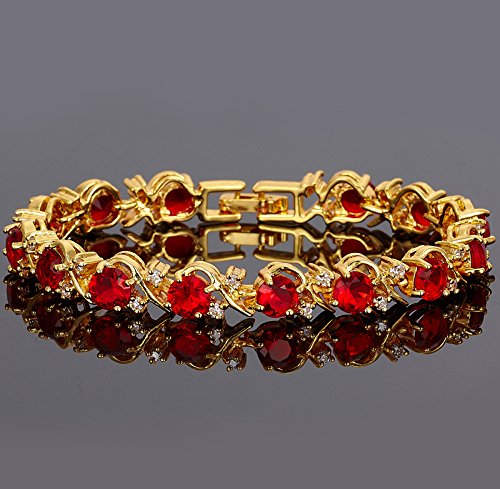 RIVA Blume Tennis Armband [18cm/7inch] mit Rundschliff Edelstein Zirkonia CZ [Rot Rubin] in 18K Gelbgold Vergoldet, Einfache Moderne Eleganz