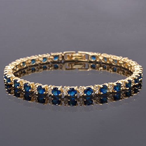 RIVA Ewigkeit Tennis Armband [18cm/7inch] mit Rundschliff Edelstein Zirkonia CZ [Blau Saphir] in 18K Gelbgold Vergoldet, Einfache Moderne Eleganz