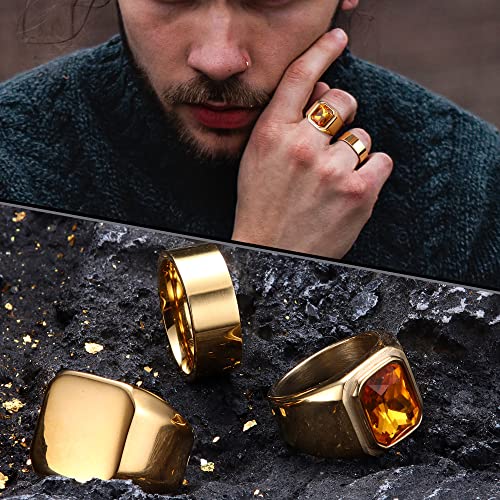 Dochais Mens Rings Set: 3pcs Stainless Steel Biker Rings, Signet Ring, Agate Ring - Size 7-13, Gold, Vintage