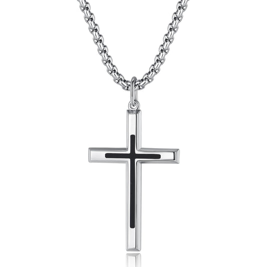 FANCIME Kreuz Halskette mit 925 Sterling Schwarz Kreuz Silber Anhänger, Edelstahl Kette Schmuck für Herren Jungs Kinder - Kettenlänge: 60 cm