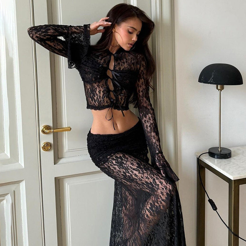 Lace See-through Sexy Lace-up High Waist Skirt Suit Two-piece Set