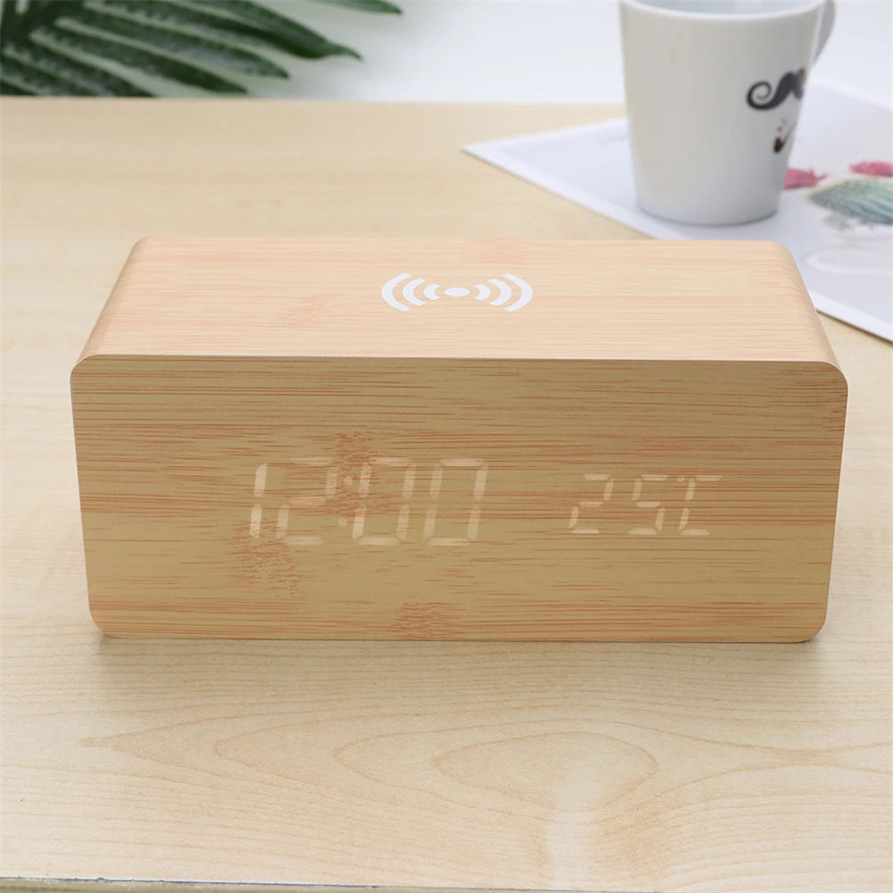 Modern Wooden Digital LED Backlit Alarm Clock Thermometer Qi Wireless Charger Clock with Charger