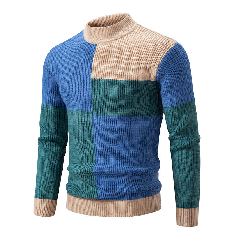 Men's Knitwear Sweater Color Stitching Stand-collar