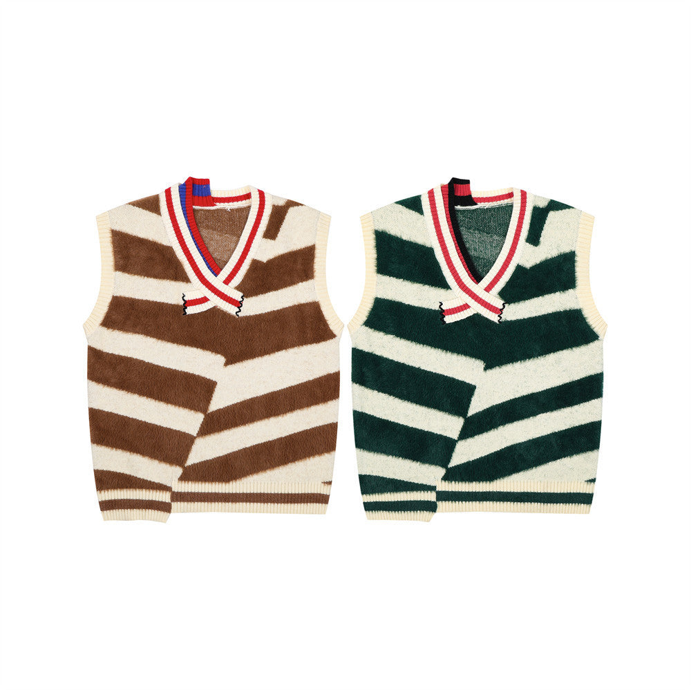 Contrast Color Striped Irregular V-neck Patchwork Knitted Vest Men's Casual Outerwear Waistcoat Sleeveless Sweater Tide