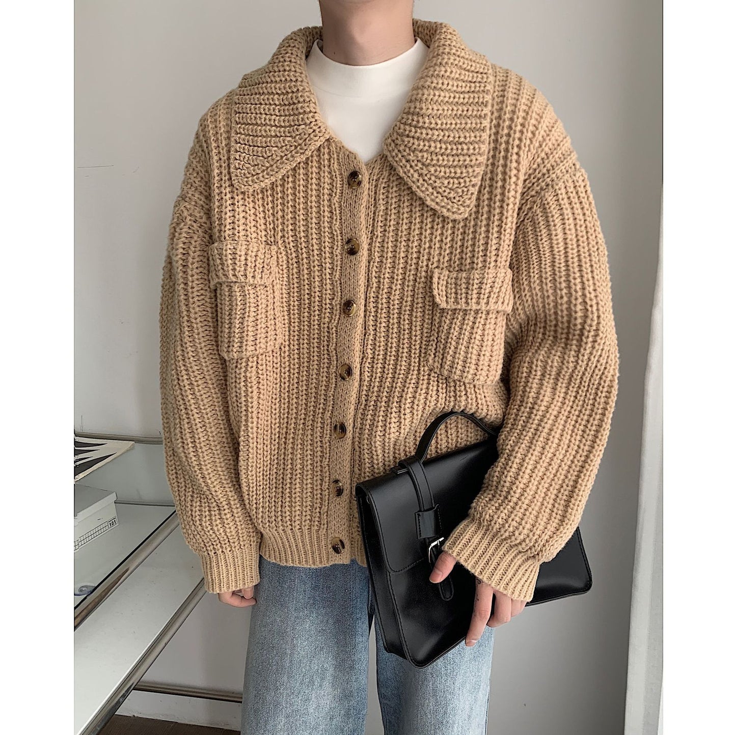 Winter Lapel Sweater Single-breasted Men's Loose Cardigan