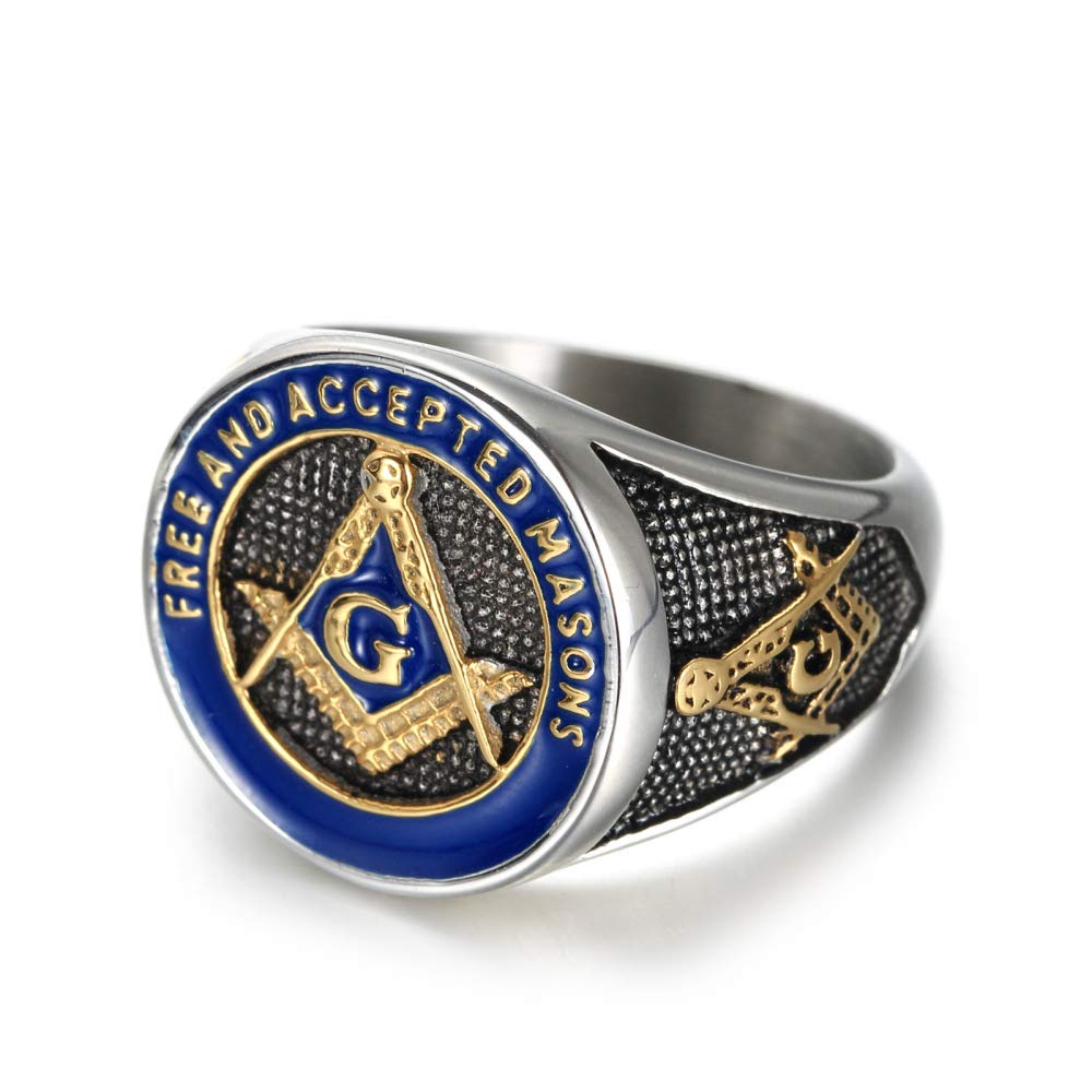 INRENG Men's Stainless Steel Vintage Freemason Masonic Biker Rings Blue Free and Accepted Masons Ring Band Gold Size 9