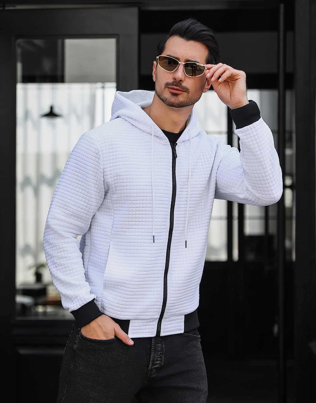 Wizoat Mens Zip Up Hoodie Full-Zip Sweatshirt Lightweight Loose Fit Hooded Jackets White