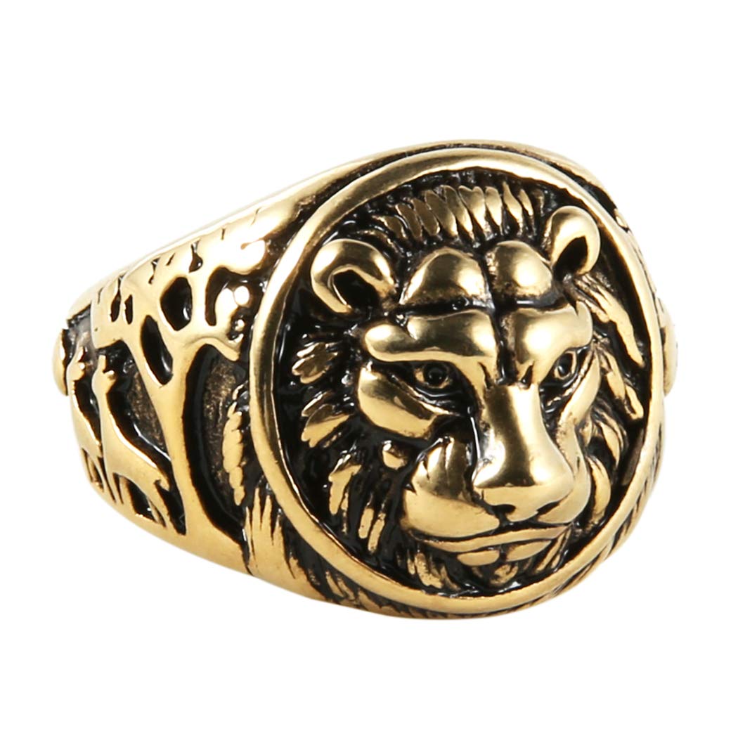 HZMAN Men's Vintage Stainless Steel Ring Lion Head Shield Biker Gold/Silver