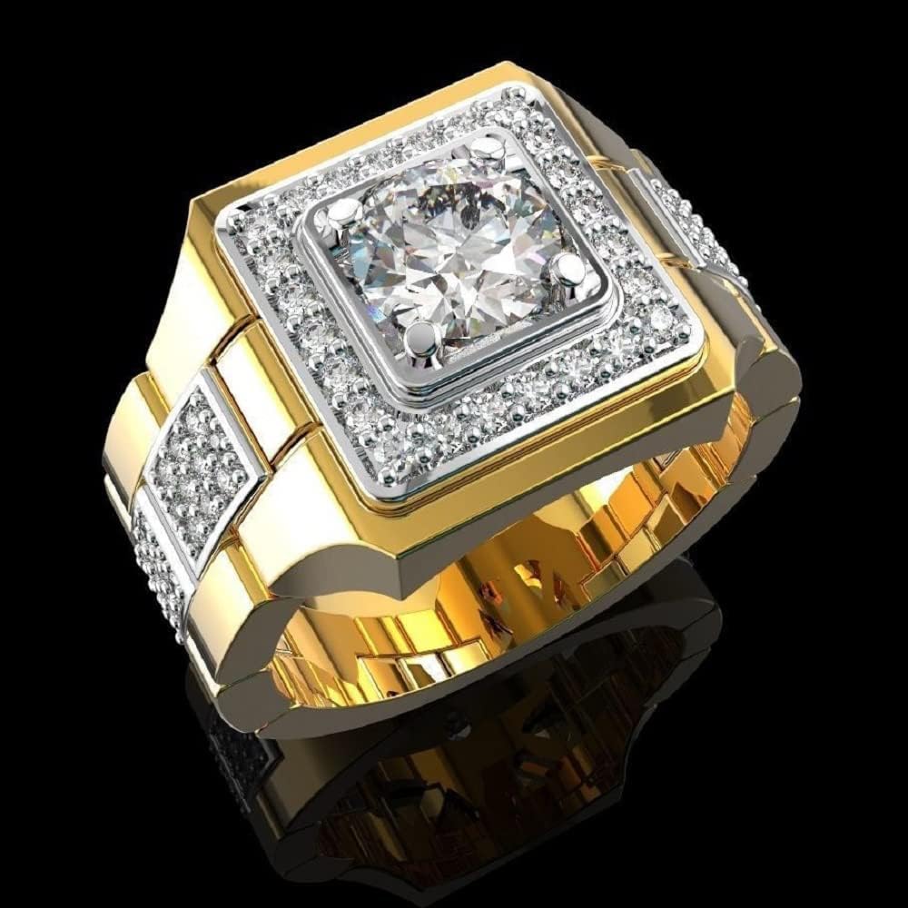 925 Sterling Silver Classic Fashion Watch Full Diamond Shiny Men's 18K Yellow Gold Two Tone Engagement Wedding Rings Cubic Zirconia Round Cut Hip Hop Rings Mens Cocktail Party Rings 644 (11)