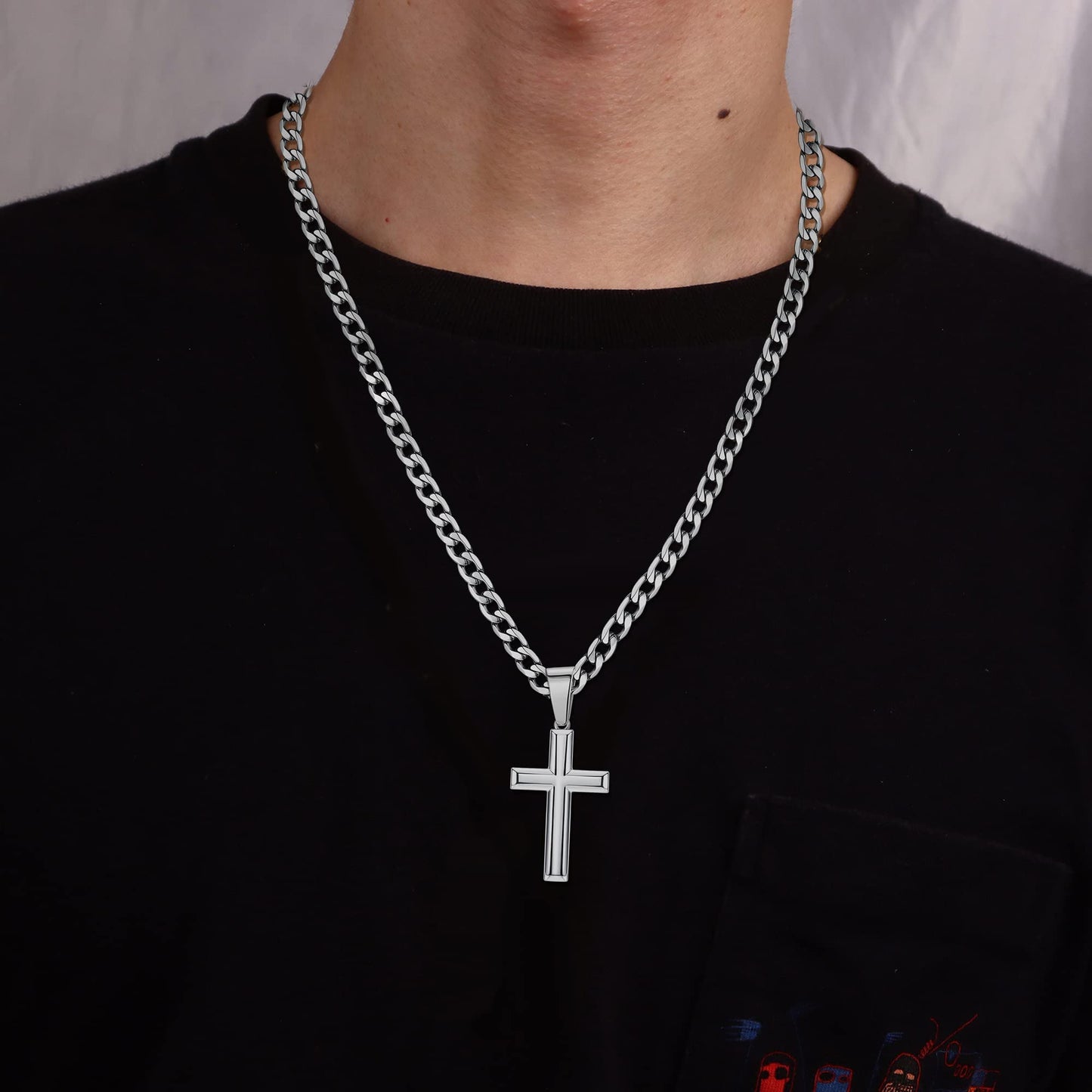 Chriscoco 925 Sterling Silber Kreuz Anhänger Halskette für Herren Damen Edelstahl Diamantschliff Figaro Kreuz Kette Halskette Poliert Abgeschrägten Kanten Kreuzanhänger Halskette