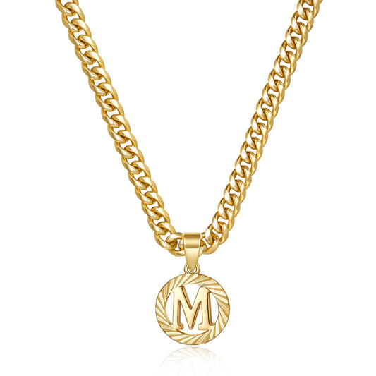 KissYan Gold Initial Necklace,14K Gold Plated Round Letter Pendant Hollow Capital Monogram 5mm Cuban Chain Necklace Alhpabets from A-Z Dainty Jewelry for Women Men(Gold M)