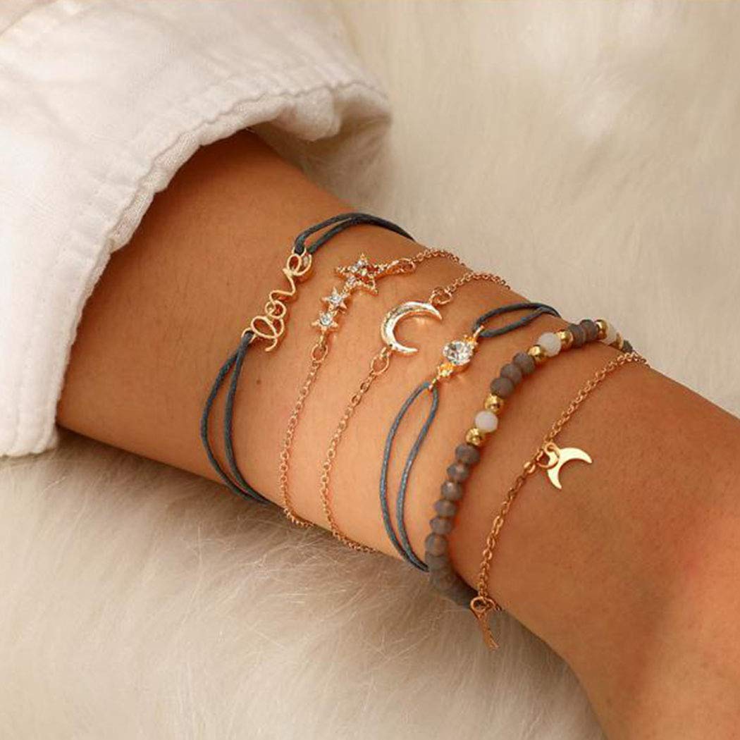 Handcess Boho Layered Crystal Star Armband Sets Gold Mond Hand Accessoires Weben Armbänder Perlen Handkette für Frauen und Mädchen (6 Stück)