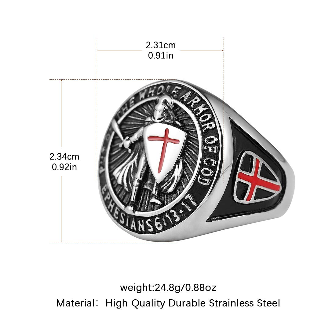 HZMAN Knights Templar Put On The Whole Armor of God Ephesians 6:13-21 Red Cross Design Men's Stainless Steel Ring