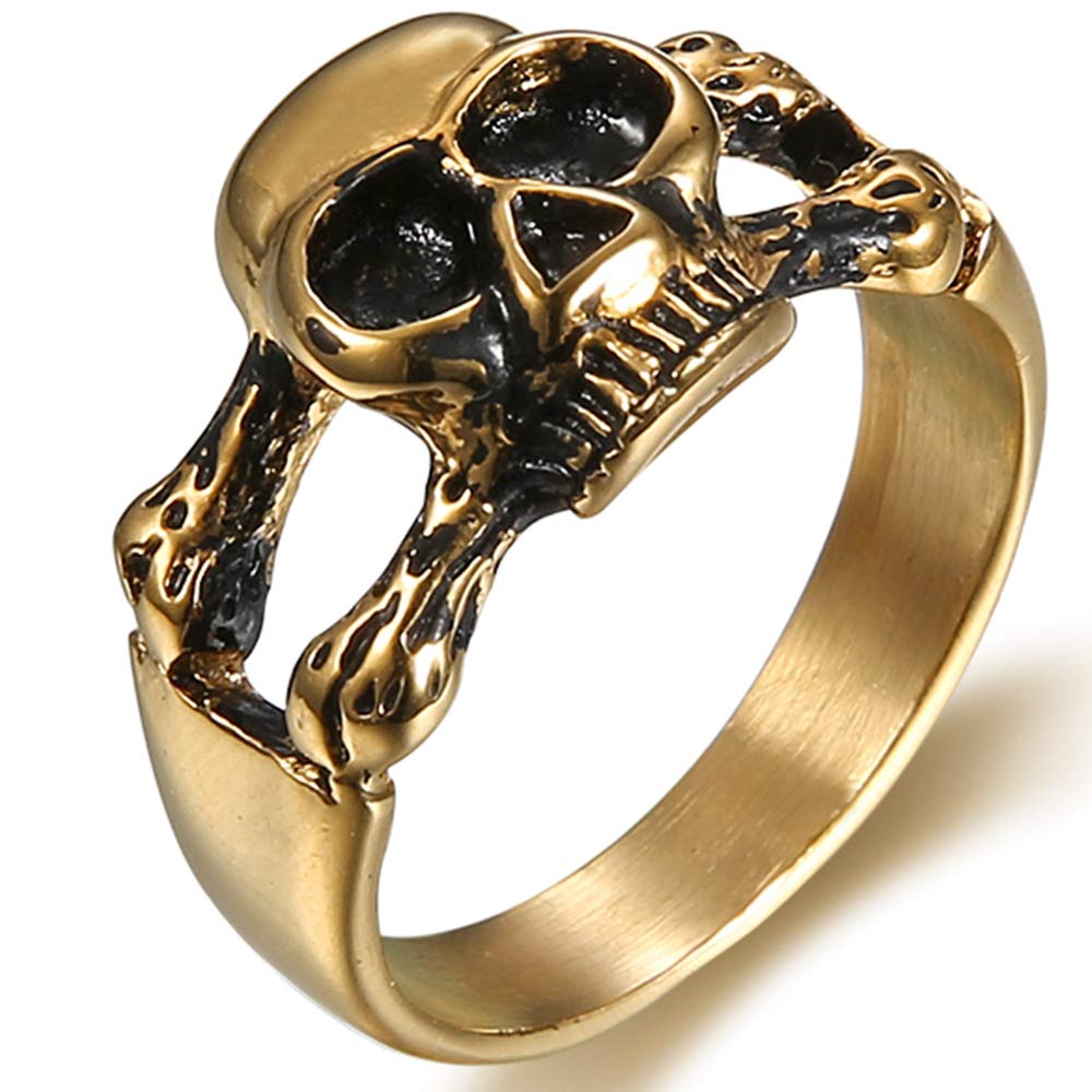 Jude Jewelers Stainless Steel Retro Vintage Gothic Skull Cocktail Party Biker Ring (Gold, 7)