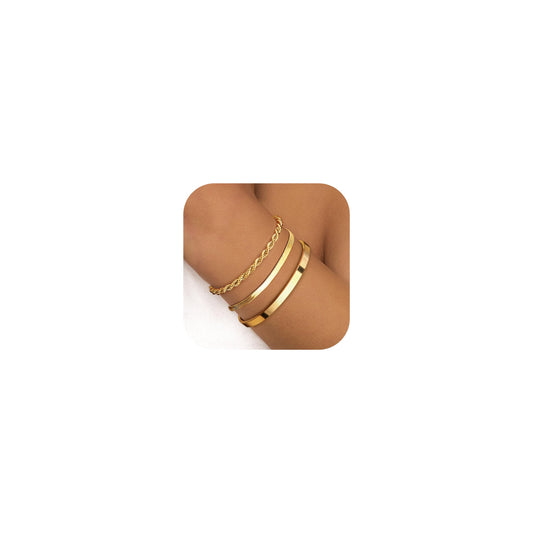 Finrezio 3-5 Stück Armband Damen Gold 14 Karat Vergoldet Stapelarmbänder Edelstahl Figaro Perlen Ketten Armbänder Verstellbares Armband Set Wasserdichter Gold Schmuck für Damen