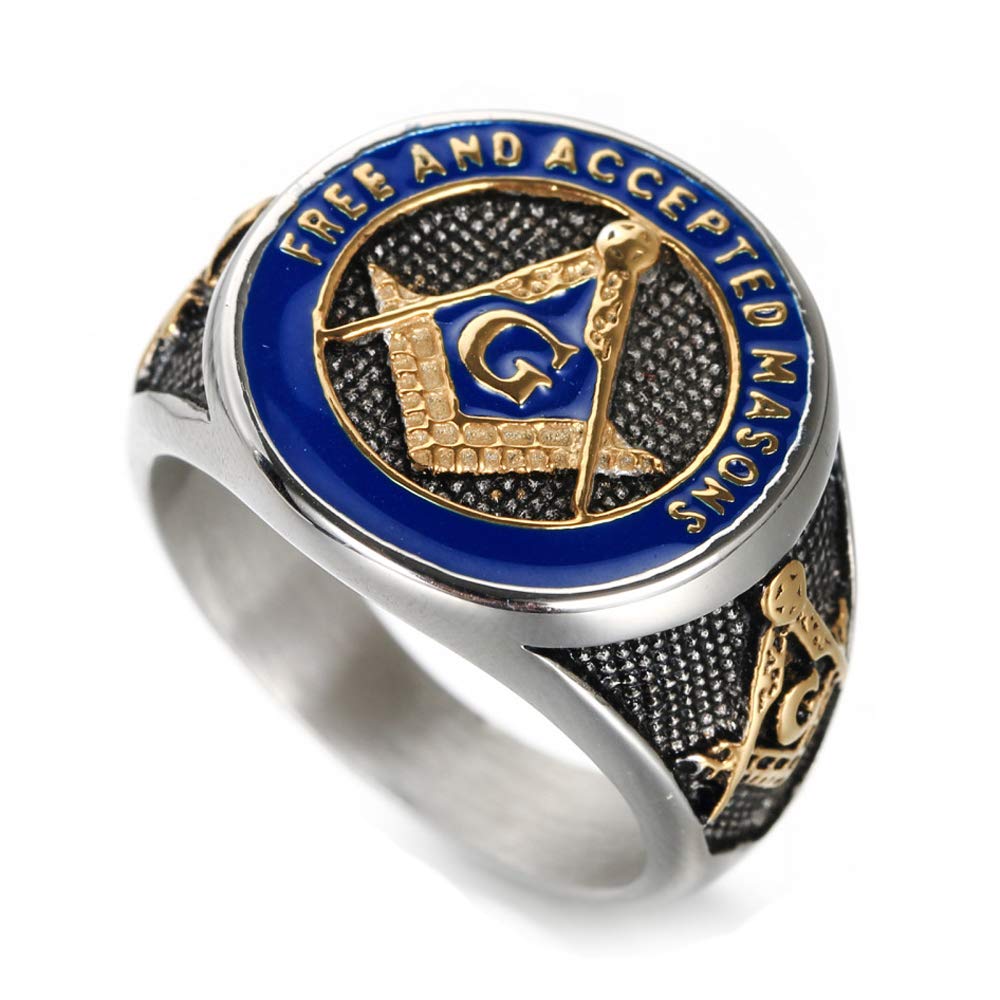 INRENG Men's Stainless Steel Vintage Freemason Masonic Biker Rings Blue Free and Accepted Masons Ring Band Gold Size 9