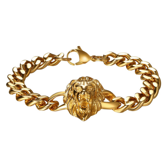 Flongo Herren Löwe Armband Edelstahl: Gold Wikinger Schmuck Charms Cuban Kette mit Löwenkopf Lion Head Löwen Armkette Retro Biker Geschenk für Männer Damen breit Weihnachten Geburtstag Jahrestag