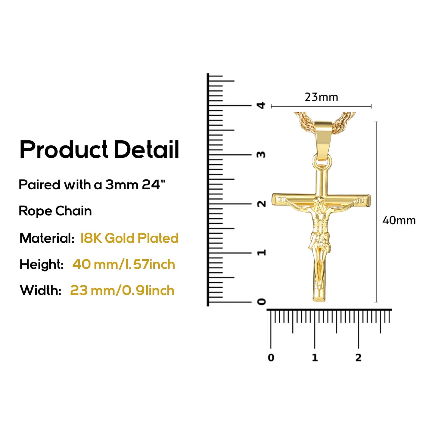 HELLOICE Crucifix Cross Necklace 18K Gold Plated Cross Pendant with 3mm 22" Rope Chain for Men Women (Crucifix Cross)