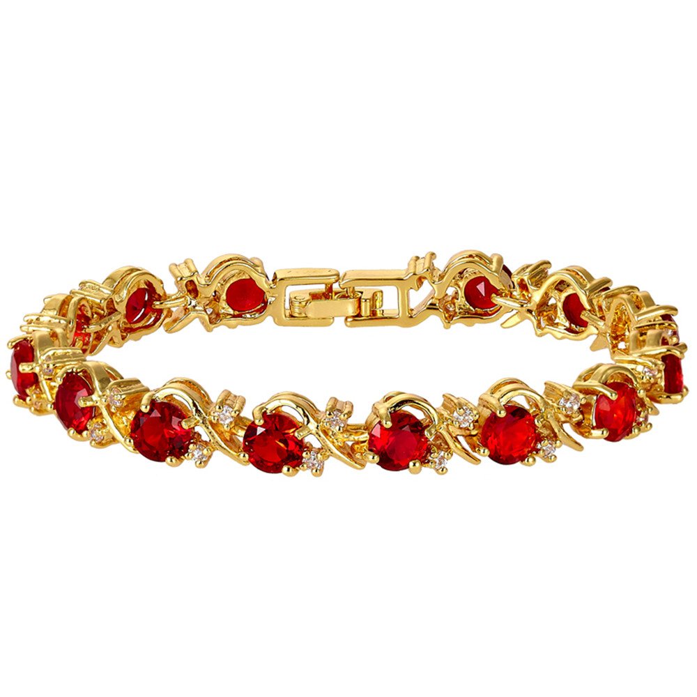 RIVA Blume Tennis Armband [18cm/7inch] mit Rundschliff Edelstein Zirkonia CZ [Rot Rubin] in 18K Gelbgold Vergoldet, Einfache Moderne Eleganz