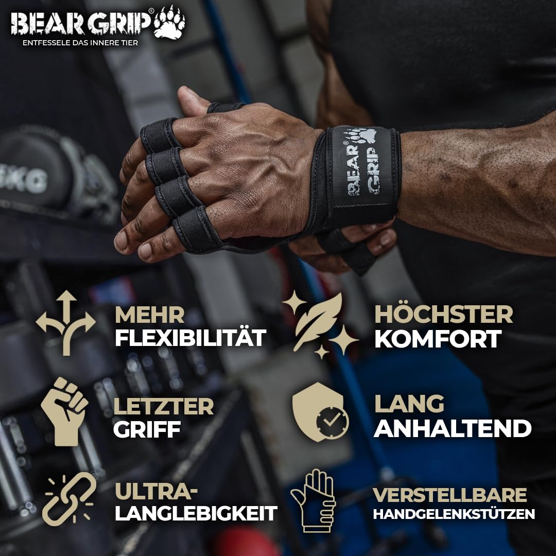 BEAR GRIP - Offene Trainingshandschuhe für Crossfit, Bodybuilding, Kallisthenik, Powerliftin (L)