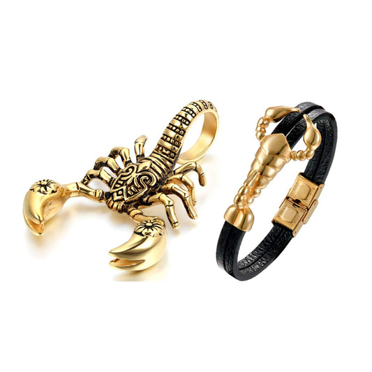 Aroncent 2PCS Herren Skorpion Schmuck-Set (Halskette + Armband), Edelstahl Scorpion Biker Anhänger mit 55cm Kette und Leder Armband, Gold Schwarz